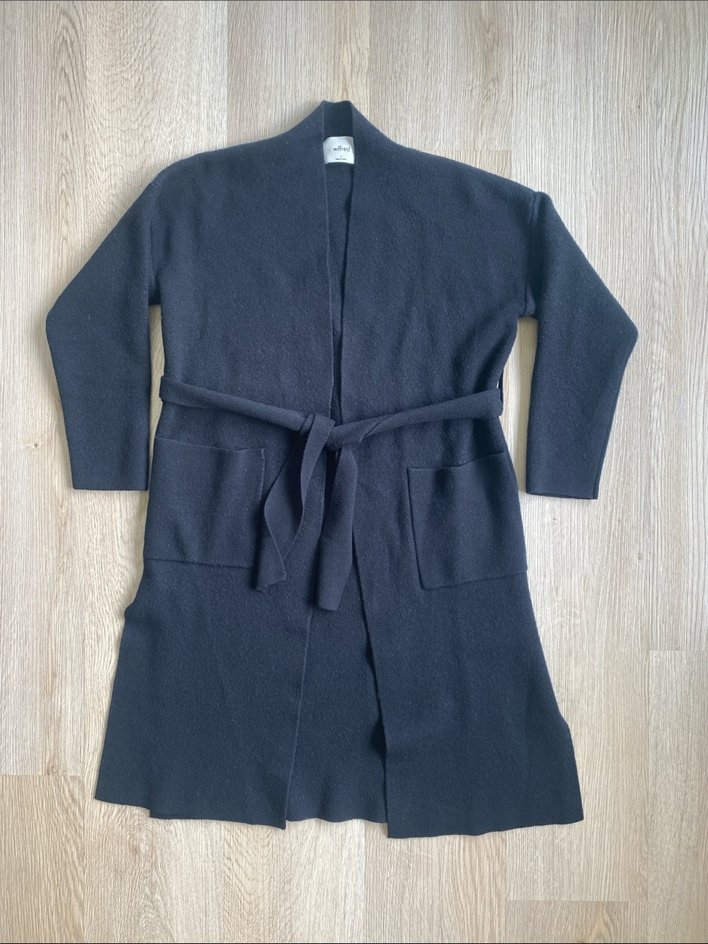Wilfred Aritzia 100% Merino Wool Belted Open Front Long Cardigan Black Size S - Picture 2 of 9